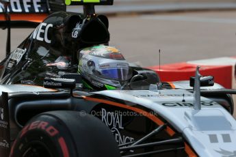 World © Octane Photographic Ltd. Sahara Force India VJM08 – Sergio Perez. Saturday 23rd May 2015, F1 Practice 3, Monte Carlo, Monaco. Digital Ref: 1281LB1D6836