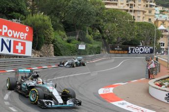 World © Octane Photographic Ltd. Mercedes AMG Petronas F1 W06 Hybrid – Lewis Hamilton and Nico Rosberg. Saturday 23rd May 2015, F1 Practice 3, Monte Carlo, Monaco. Digital Ref: 1282CB1L1173
