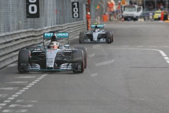 World © Octane Photographic Ltd. Mercedes AMG Petronas F1 W06 Hybrid – Lewis Hamilton and Nico Rosberg. Saturday 23rd May 2015, F1 Qualifying, Monte Carlo, Monaco. Digital Ref: 1282CB7D5717