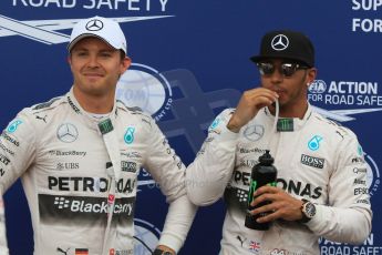 World © Octane Photographic Ltd. Mercedes AMG Petronas F1 W06 Hybrid – Lewis Hamilton and Nico Rosberg. Saturday 23rd May 2015, F1 Qualifying Parc Ferme, Monte Carlo, Monaco. Digital Ref: 1282CB7D5863