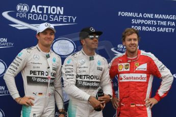 World © Octane Photographic Ltd. Mercedes AMG Petronas F1 W06 Hybrid – Lewis Hamilton and Nico Rosberg plus Scuderia Ferrari SF15-T– Sebastian Vettel. Saturday 23rd May 2015, F1 Qualifying Parc Ferme, Monte Carlo, Monaco. Digital Ref: 1282CB7D5882