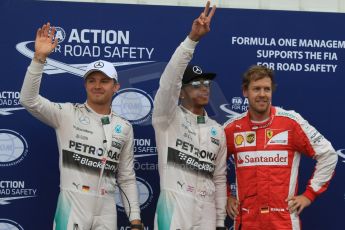 World © Octane Photographic Ltd. Mercedes AMG Petronas F1 W06 Hybrid – Lewis Hamilton and Nico Rosberg plus Scuderia Ferrari SF15-T– Sebastian Vettel. Saturday 23rd May 2015, F1 Qualifying Parc Ferme, Monte Carlo, Monaco. Digital Ref: 1282CB7D5886