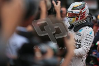 World © Octane Photographic Ltd. Mercedes AMG Petronas F1 W06 Hybrid – Lewis Hamilton. Saturday 23rd May 2015, F1 Qualifying Parc Ferme, Monte Carlo, Monaco. Digital Ref: 1282LB1D7389