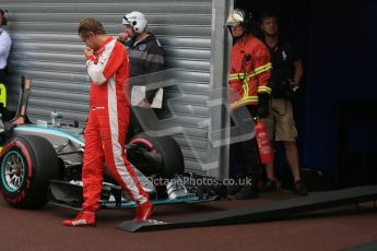 World © Octane Photographic Ltd. Scuderia Ferrari SF15-T– Sebastian Vettel examines the Nico Rosberg's Mercedes. Saturday 23rd May 2015, F1 Qualifying Parc Ferme, Monte Carlo, Monaco. Digital Ref: 1282LB1D7425