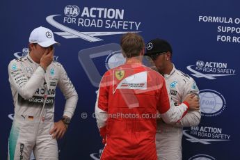 World © Octane Photographic Ltd. Mercedes AMG Petronas F1 W06 Hybrid – Lewis Hamilton and Nico Rosberg plus Scuderia Ferrari SF15-T– Sebastian Vettel. Saturday 23rd May 2015, F1 Qualifying Parc Ferme, Monte Carlo, Monaco. Digital Ref: 1282LB1D7449