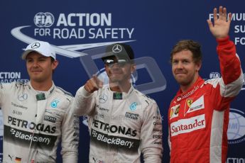 World © Octane Photographic Ltd. Mercedes AMG Petronas F1 W06 Hybrid – Lewis Hamilton and Nico Rosberg plus Scuderia Ferrari SF15-T– Sebastian Vettel. Saturday 23rd May 2015, F1 Qualifying Parc Ferme, Monte Carlo, Monaco. Digital Ref: 1282LB1D7475