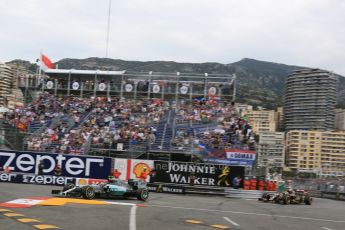 World © Octane Photographic Ltd. Mercedes AMG Petronas F1 W06 Hybrid – Nico Rosberg and Lotus F1 Team E23 Hybrid – Romain Grosjean. Saturday 23rd May 2015, F1 Practice 3, Monte Carlo, Monaco. Digital Ref: 1282LB5D3707