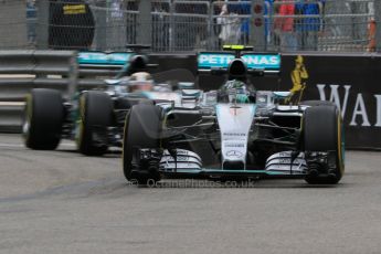 World © Octane Photographic Ltd. Mercedes AMG Petronas F1 W06 Hybrid – Nico Rosberg and Lewis Hamilton. Thursday 21st May 2015, F1 Practice 2, Monte Carlo, Monaco. Digital Ref: 1274CB7D3433