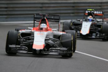 World © Octane Photographic Ltd. Manor Marussia F1 Team MR03 – William Stevens and Sahara Force India VJM08 – Sergio Perez. Thursday 21st May 2015, F1 Practice 2, Monte Carlo, Monaco. Digital Ref: 1274LB1D3924