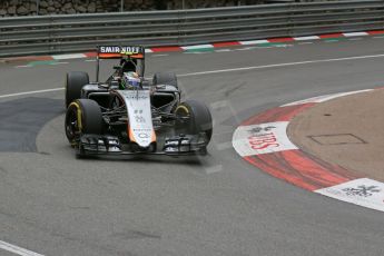 World © Octane Photographic Ltd. Sahara Force India VJM08 – Sergio Perez. Thursday 21st May 2015, F1 Practice 2, Monte Carlo, Monaco. Digital Ref: 1274LB5D2998