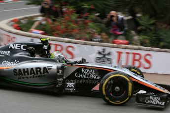 World © Octane Photographic Ltd. Sahara Force India VJM08 – Sergio Perez. Thursday 21st May 2015, F1 Practice 2, Monte Carlo, Monaco. Digital Ref: 1274LB5D3001