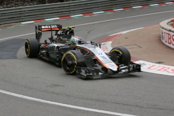 World © Octane Photographic Ltd. Sahara Force India VJM08 – Sergio Perez. Thursday 21st May 2015, F1 Practice 2, Monte Carlo, Monaco. Digital Ref: 1274LB5D3059