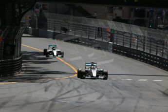 World © Octane Photographic Ltd. Mercedes AMG Petronas F1 W06 Hybrid – Lewis Hamilton. followed by his team mate Nico Rosberg. Sunday 24th May 2015, F1 Race, Monte Carlo, Monaco. Digital Ref: 1286LB1D8145