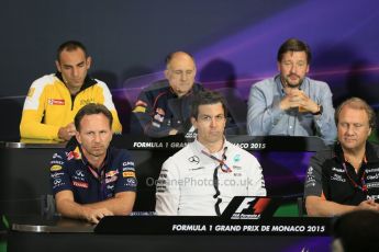 World © Octane Photographic Ltd. Renault Sport F1 Managing Director – Cyril Abiteboul, Infiniti Red Bull Racing Team Principal – Christian Horner, Sahara Force India Deputy Team Principal – Rob Fernley, Pirelli Motorsport Director – Paul Hembery, Scuderia Toro Rosso Team Principal – Franz Tost and Mercedes AMG Petronas Executive Director – Toto Wolff. Thursday 21st May 2015, FIA Team Personnel Press Conference, Monte Carlo, Monaco. Digital Ref: 1276LB5D3180