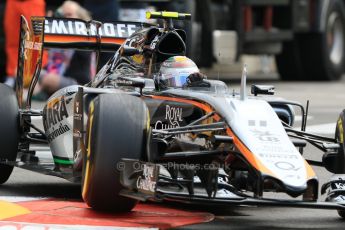 World © Octane Photographic Ltd. Sahara Force India VJM08 – Sergio Perez. Thursday 21st May 2015, F1 Practice 1, Monte Carlo, Monaco. Digital Ref: 1272CB7D2999