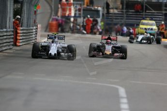 World © Octane Photographic Ltd. Williams Martini Racing FW37 – Valtteri Bottas and Scuderia Toro Rosso STR10 – Max Verstappen. Thursday 21st 2015, F1 Practice 1, Monte Carlo, Monaco. Digital Ref: 1272LB1D3786