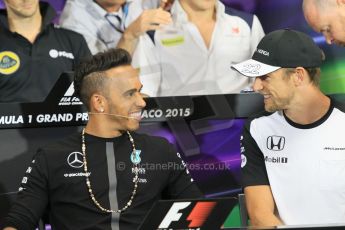 World © Octane Photographic Ltd. Mercedes AMG Petronas F1 – Lewis Hamilton and McLaren Honda - Jenson Button. Wednesday 20th May 2015, FIA Drivers’ Press Conference, Monte Carlo, Monaco. Digital Ref: 1271CB1L9285