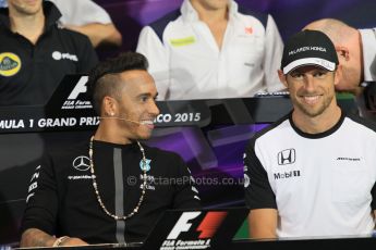 World © Octane Photographic Ltd. Mercedes AMG Petronas F1 – Lewis Hamilton and McLaren Honda - Jenson Button. Wednesday 20th May 2015, FIA Drivers’ Press Conference, Monte Carlo, Monaco. Digital Ref: 1271CB1L9286