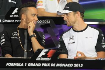 World © Octane Photographic Ltd. Mercedes AMG Petronas F1 – Lewis Hamilton and McLaren Honda - Jenson Button. Wednesday 20th May 2015, FIA Drivers’ Press Conference, Monte Carlo, Monaco. Digital Ref: 1271CB1L9315