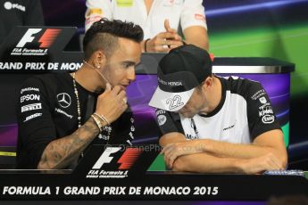 World © Octane Photographic Ltd. Mercedes AMG Petronas F1 – Lewis Hamilton and McLaren Honda - Jenson Button. Wednesday 20th May 2015, FIA Drivers’ Press Conference, Monte Carlo, Monaco. Digital Ref: 1271CB1L9352