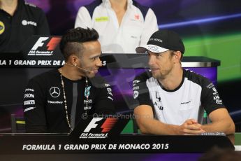 World © Octane Photographic Ltd. Mercedes AMG Petronas F1 – Lewis Hamilton and McLaren Honda - Jenson Button. Wednesday 20th May 2015, FIA Drivers’ Press Conference, Monte Carlo, Monaco. Digital Ref: 1271CB1L9376