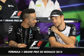 World © Octane Photographic Ltd. Mercedes AMG Petronas F1 – Lewis Hamilton and McLaren Honda - Jenson Button. Wednesday 20th May 2015, FIA Drivers’ Press Conference, Monte Carlo, Monaco. Digital Ref: 1271CB1L9386