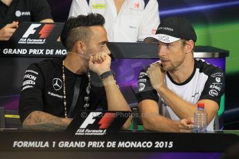 World © Octane Photographic Ltd. Mercedes AMG Petronas F1 – Lewis Hamilton and McLaren Honda - Jenson Button. Wednesday 20th May 2015, FIA Drivers’ Press Conference, Monte Carlo, Monaco. Digital Ref: 1271CB1L9461