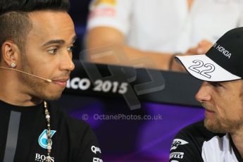 World © Octane Photographic Ltd. Mercedes AMG Petronas F1 – Lewis Hamilton and McLaren Honda - Jenson Button. Wednesday 20th May 2015, FIA Drivers’ Press Conference, Monte Carlo, Monaco. Digital Ref: 1271LB1D3115