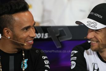 World © Octane Photographic Ltd. Mercedes AMG Petronas F1 – Lewis Hamilton and McLaren Honda - Jenson Button. Wednesday 20th May 2015, FIA Drivers’ Press Conference, Monte Carlo, Monaco. Digital Ref: 1271LB1D3156