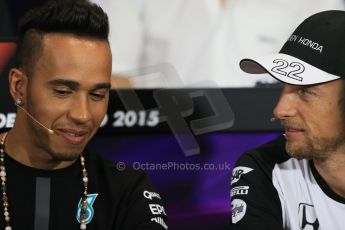 World © Octane Photographic Ltd. Mercedes AMG Petronas F1 – Lewis Hamilton and McLaren Honda - Jenson Button. Wednesday 20th May 2015, FIA Drivers’ Press Conference, Monte Carlo, Monaco. Digital Ref: 1271LB1D3162