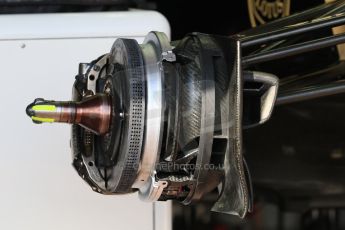 World © Octane Photographic Ltd. Lotus F1 Team E23 Hybrid front brake. Wednesday 20th May 2015, F1 Pitlane, Monte Carlo, Monaco. Digital Ref:  1270CB7D2465