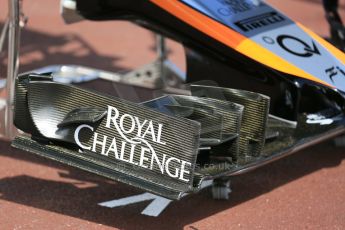 World © Octane Photographic Ltd. Sahara Force India VJM08 front wing. Wednesday 20th May 2015, F1 Pitlane, Monte Carlo, Monaco. Digital Ref:  1270LB5D2456