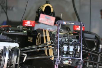 World © Octane Photographic Ltd. Lotus F1 Team E23 Hybrid – Romain Grosjean fromt suspension. Wednesday 20th May 2015, F1 Pitlane, Monte Carlo, Monaco. Digital Ref: 1270LB5D2486