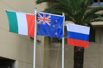 World © Octane Photographic Ltd. Saturday 23rd May 2015. The flags of Status Grand Prix – Richie Stanaway, Trident – Raffaele Marciello and Rapax – Sergey Sirotkin. GP2 Race 2 – Monaco, Monte-Carlo. Digital Ref. : 1283CB7D6386