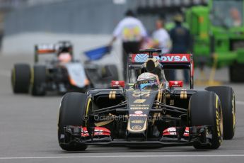 World © Octane Photographic Ltd. Lotus F1 Team E23 Hybrid – Romain Grosjean and Sahara Force India VJM08 – Nico Hulkenberg. Friday 5th June 2015, F1 Canadian GP Practice 1, Circuit Gilles Villeneuve, Montreal, Canada. Digital Ref: 1291LB1D9037