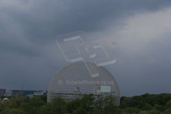 World © Octane Photographic Ltd. Rain closing in behind the biosphere. Friday 5th June 2015, F1 Practice 2, Circuit Gilles Villeneuve, Montreal, Canada. Digital Ref: 1292LB1D0238