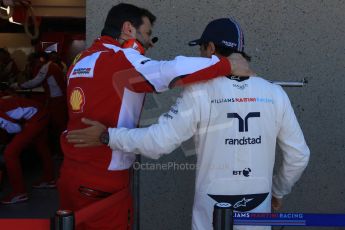 World © Octane Photographic Ltd. Williams Martini Racing FW37 – Felipe Massa and Ferrari mechanic. Saturday 6th June 2015, F1 Canadian GP Practice 3 pitlane, Circuit Gilles Villeneuve, Montreal, Canada. Digital Ref: 1295CB7D0759