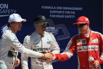 World © Octane Photographic Ltd. Mercedes AMG Petronas F1 W06 Hybrid – Lewis Hamilton, Nico Rosberg and Scuderia Ferrari SF15-T– Kimi Raikkonen. Saturday 6th June 2015, F1 Canadian GP Qualifying Parc Ferme, Circuit Gilles Villeneuve, Montreal, Canada. Digital Ref: 1296LB1D2725