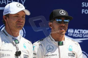World © Octane Photographic Ltd. Mercedes AMG Petronas F1 W06 Hybrid – Lewis Hamilton and Nico Rosberg. Saturday 6th June 2015, F1 Canadian GP Qualifying Parc Ferme, Circuit Gilles Villeneuve, Montreal, Canada. Digital Ref: 1296LB1D2734