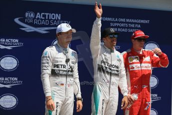 World © Octane Photographic Ltd. Mercedes AMG Petronas F1 W06 Hybrid – Lewis Hamilton, Nico Rosberg and Scuderia Ferrari SF15-T– Kimi Raikkonen. Saturday 6th June 2015, F1 Canadian GP Qualifying Parc Ferme, Circuit Gilles Villeneuve, Montreal, Canada. Digital Ref: 1296LB1D2738