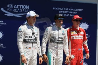World © Octane Photographic Ltd. Mercedes AMG Petronas F1 W06 Hybrid – Lewis Hamilton, Nico Rosberg and Scuderia Ferrari SF15-T– Kimi Raikkonen. Saturday 6th June 2015, F1 Canadian GP Qualifying Parc Ferme, Circuit Gilles Villeneuve, Montreal, Canada. Digital Ref: 1296LB1D2742