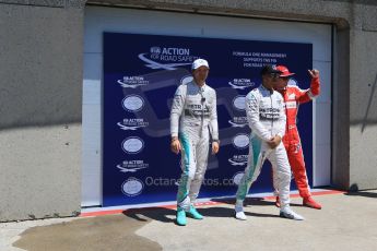 World © Octane Photographic Ltd. Mercedes AMG Petronas F1 W06 Hybrid – Lewis Hamilton, Nico Rosberg and Scuderia Ferrari SF15-T– Kimi Raikkonen. Saturday 6th June 2015, F1 Canadian GP Qualifying Parc Ferme, Circuit Gilles Villeneuve, Montreal, Canada. Digital Ref: 1296LB7D1036