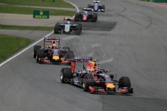 World © Octane Photographic Ltd. The Infiniti Red Bull Racing RB11s of Daniil Kvyat and Daniel Ricciardo. Sunday 7th June 2015, F1 Canadian GP Race, Circuit Gilles Villeneuve, Montreal, Canada. Digital Ref: . Sunday 7th June 2015, F1 Canadian GP Race, Circuit Gilles Villeneuve, Montreal, Canada. Digital Ref: 1299LB1D3675