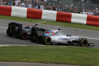 World © Octane Photographic Ltd. Williams Martini Racing FW37 – Felipe Massa and McLaren Honda MP4/30 – Fernando Alonso. Sunday 7th June 2015, F1 Canadian GP Race, Circuit Gilles Villeneuve, Montreal, Canada. Digital Ref: 1299LB1D3793