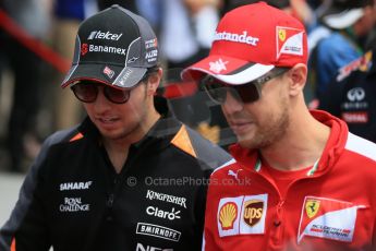 World © Octane Photographic Ltd. Sahara Force India VJM08 – Sergio Perez and Scuderia Ferrari SF15-T– Sebastian Vettel. Sunday 7th June 2015, F1 Canadian GP Drivers' parade, Circuit Gilles Villeneuve, Montreal, Canada. Digital Ref: 1298LB1D3126