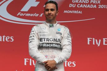 World © Octane Photographic Ltd. Mercedes AMG Petronas Hybrid – Lewis Hamilton (1st). Sunday 7th June 2015, F1 Canadian GP Podium, Circuit Gilles Villeneuve, Montreal, Canada. Digital Ref: 1300LB1D4096
