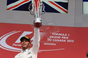 World © Octane Photographic Ltd. Mercedes AMG Petronas Hybrid – Lewis Hamilton (1st). Sunday 7th June 2015, F1 Canadian GP Podium, Circuit Gilles Villeneuve, Montreal, Canada. Digital Ref: 1300LB1D4156
