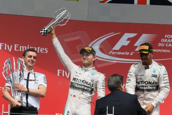 World © Octane Photographic Ltd. Mercedes AMG Petronas Hybrid – Lewis Hamilton (1st) and Nico Rosberg (2nd) – For Mercedes - Riccardo Musconi, Race Engineer. Sunday 7th June 2015, F1 Canadian GP Podium, Circuit Gilles Villeneuve, Montreal, Canada. Digital Ref: 1300LB1D4172