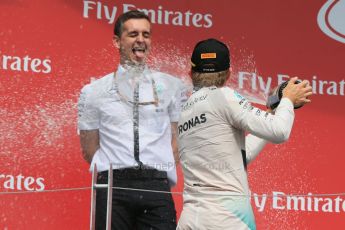 World © Octane Photographic Ltd. Mercedes AMG Petronas Hybrid – Nico Rosberg (2nd) and for Mercedes - Riccardo Musconi, Race Engineer. Sunday 7th June 2015, F1 Canadian GP Podium, Circuit Gilles Villeneuve, Montreal, Canada. Digital Ref: 1300LB1D4225