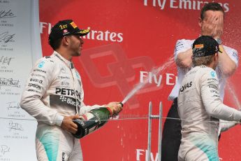World © Octane Photographic Ltd. Mercedes AMG Petronas Hybrid – Lewis Hamilton (1st) and Nico Rosberg (2nd). Sunday 7th June 2015, F1 Canadian GP Podium, Circuit Gilles Villeneuve, Montreal, Canada. Digital Ref: 1300LB1D4241